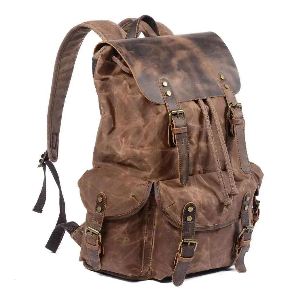 Mens Waxed Canvas Backpack Rucksack forwith Laptop Compartment Rustic Men Wax Leather Backpacks Travel Vintage Bookbag 4