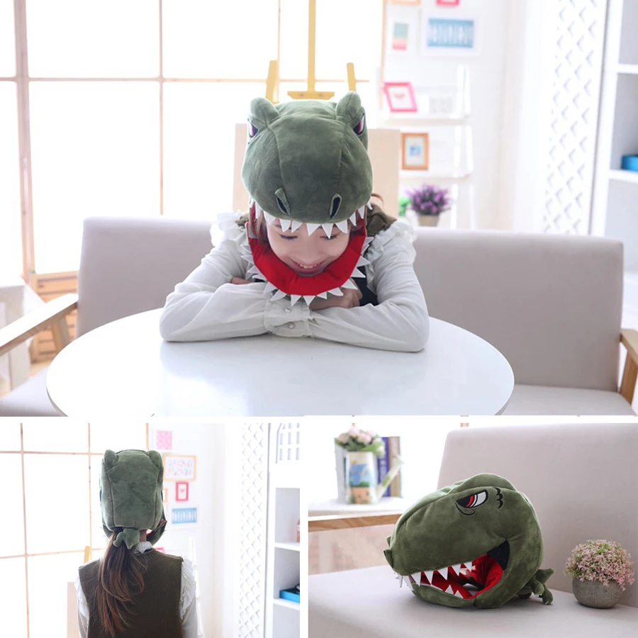 Funny Cosplay Animal Dinosaur Head Cover Headwear Throw Pillow Plush Hat Costume Party Halloween Home Sofa Decor Ornament Props
