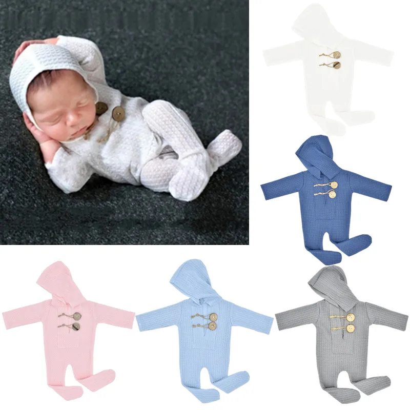 

Knitted Baby Romper Newborn Photography Props Suits Solid Color Boy Girl Hooded Bodysuit Studio Photo Shooting Costume Accessory