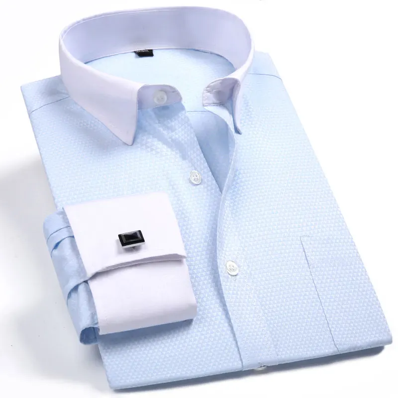 Dress Shirts Men Casual Shirts Fashion Mens French Cufflinks Dress Shirts Long Sleeve Yellow White Blue Social Business Regular Fit Wedding Party Shirt For Man
