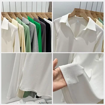 AOSSVIAO 2025 بلون كم طويل تي شيرت المرأة الخريف مضلع محبوك بولو الرقبة سليم صالح قاعدة قميص تنوعا رداء علوي غير رسمي 6