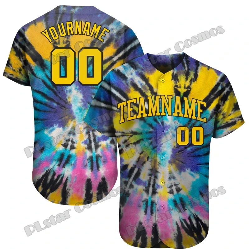 Custom Name Tie Dye Gold-Black Watercolor Rainbow 3D Printed Fashion Men's Baseball Jersey Casual Hip Hop Baseball Shirt BQW09