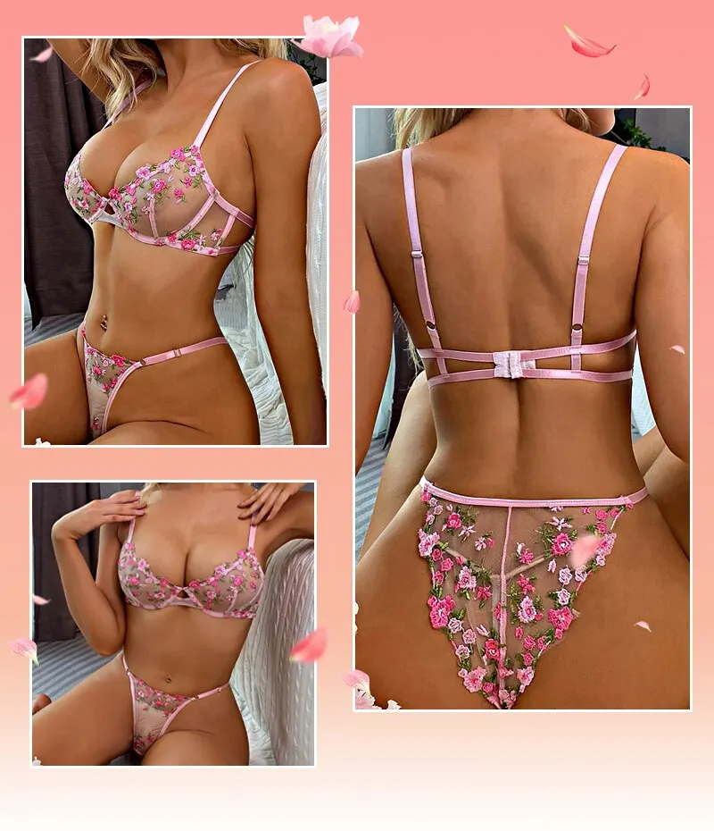 Ensemble sous-vêtements, 2 pièces soutien-gorge et culotte en dentelle femmes broderie florale rose transparent