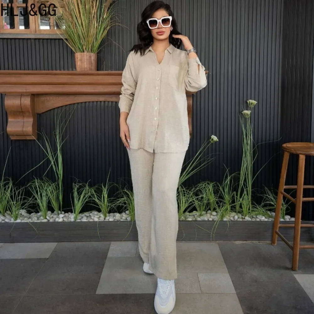 HLJ&GG Autumn Casual Solid Wide Leg Pants Two Piece Sets Women Turndown Collar Button Long Sleeve Shirt And Pants Home Outfits