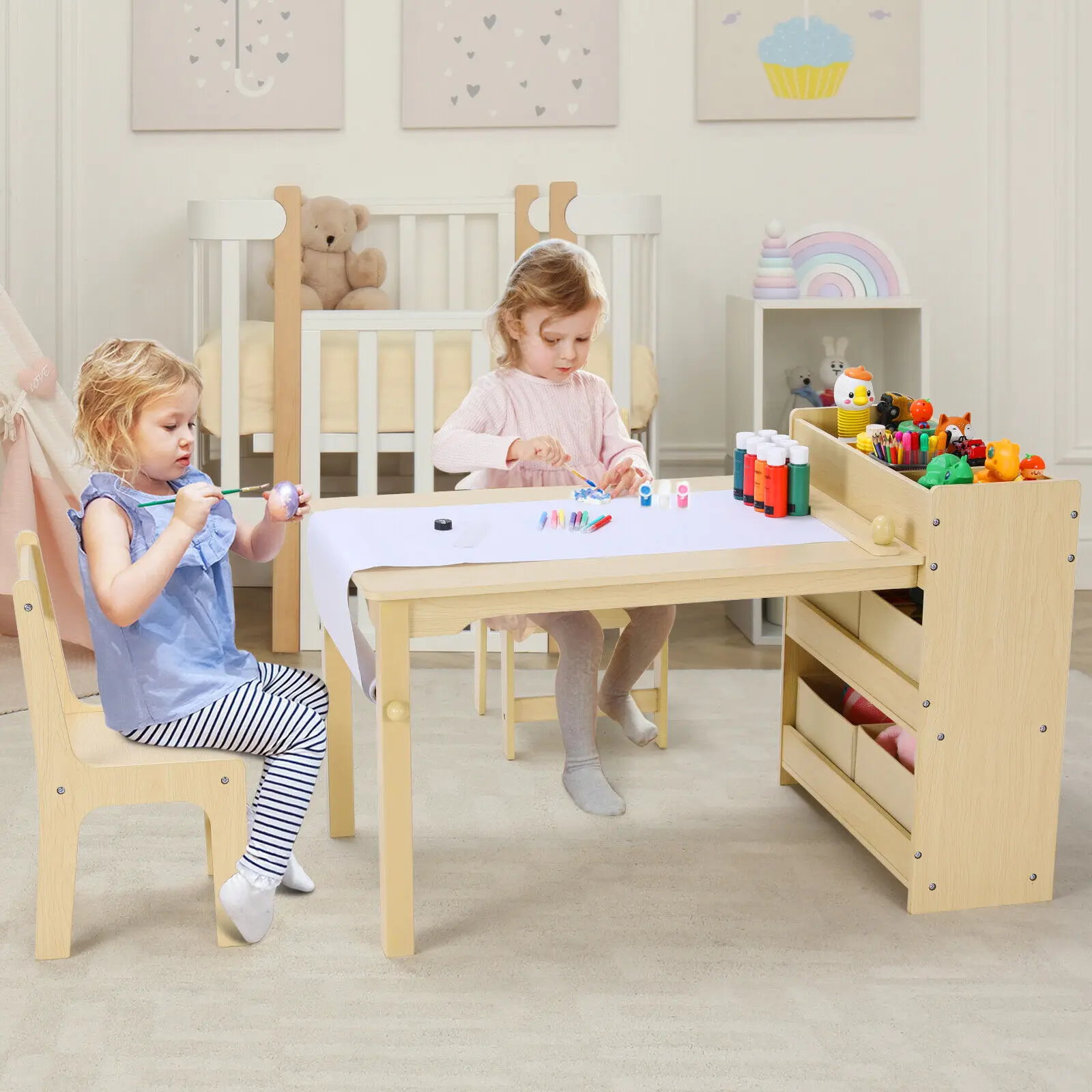 Kids Art Table and Chair Set with 2 Chairs Wooden Craft Table with Storage Shelves, Canvas Bins, Paper Roll, Kids Playroom