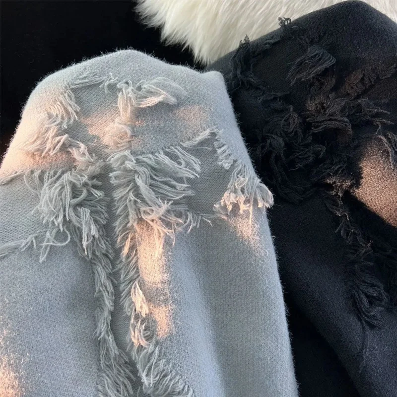 Y2K Autumn New Streetwear Men Retro Hole Fringed Sweater Black Versatile Sweater For Men And Women Oversized Long Sleeve Sweater