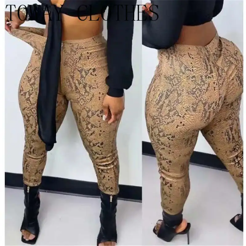 

Women Summer Autumn Fashion Party Club Snakeskin Print High Waist Pocket Detail Skinny Pants