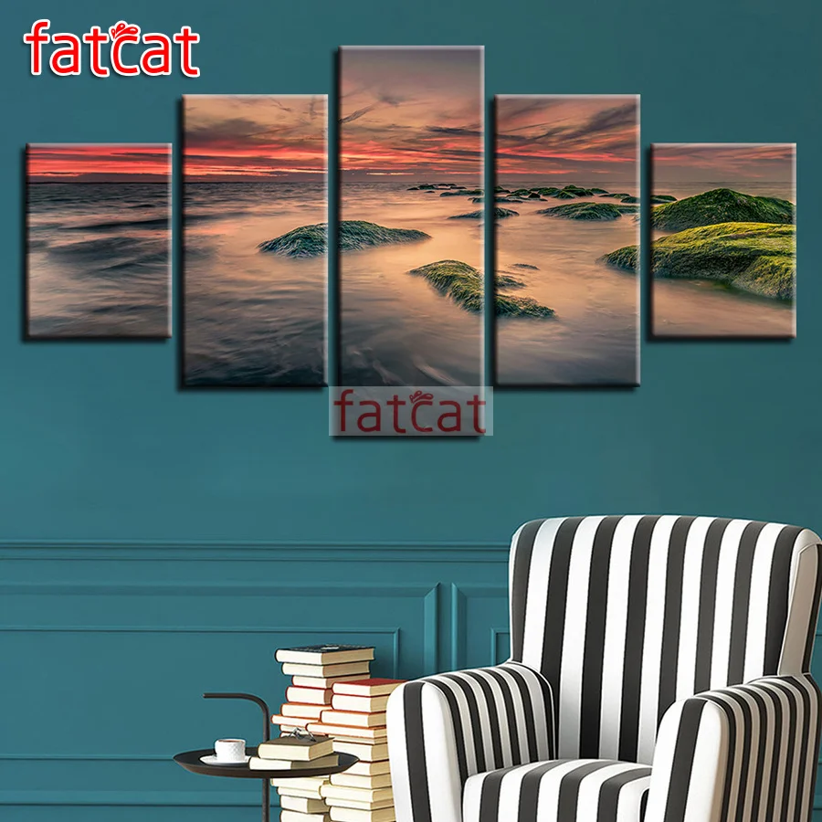

FATCAT island natural scenery 5 Piece Diy Diamond Painting Full Square Round Mosaic Embroidery sunset calm sea Home Decor AE3341