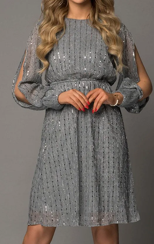 

Spring Ladies Fashion Long Sleeve Skirt Round Neck Elegant Knee-length Skirt Grey MIDI Skirt Trend Party Dress Evening Dress