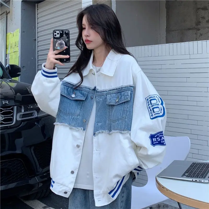 Denim Patchwork Jacket Bomber Jacket Women Oversized Harajuku Fashion Baseball Coat Jacket Female Y2k Streetwear Spring Autumn 2023 autumn kids baseball caps korea baby peaked cap vintage denim boy s duck tongue cap kids accessories