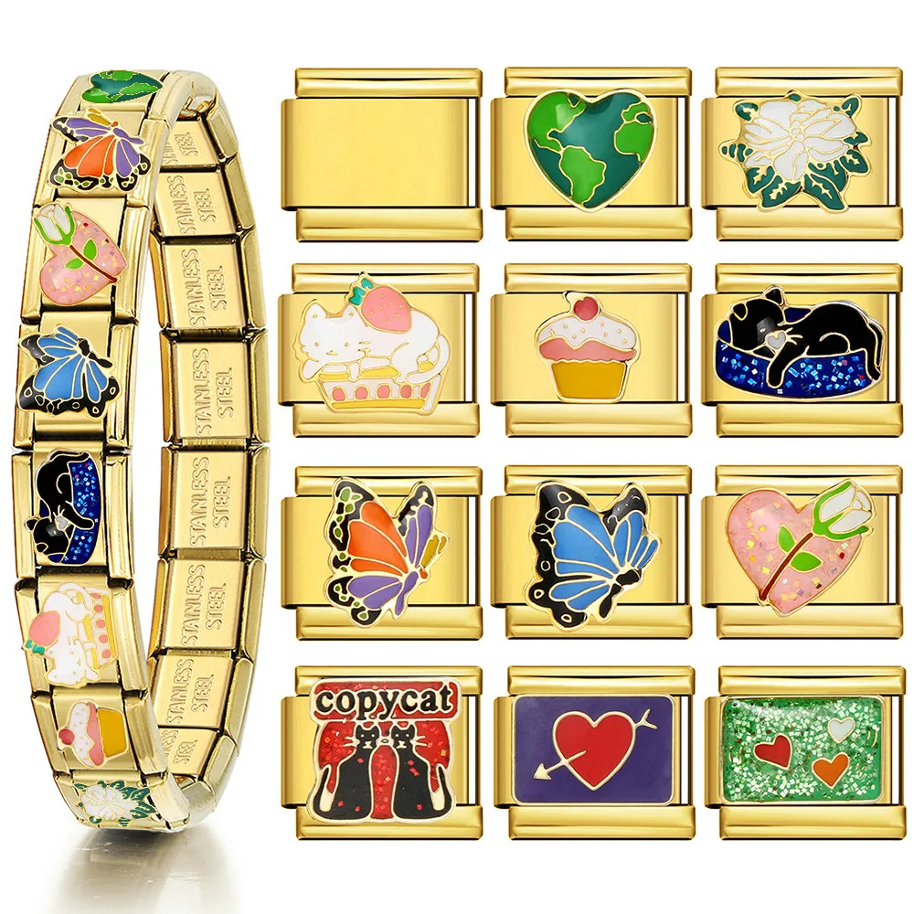 Einzelne Y2K Gold Farbe Italienische Charm Armband Edelstahl Schmetterling Katze Blume DIY Herstellung Elastische Link Kette Schmuck