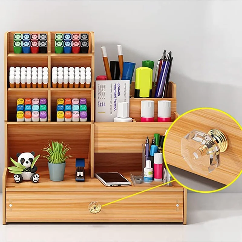 Wooden Desk Organiser DIY Desktop Tidy Pen Holder Large Capacity Stationery Storage Box with Drawer for Home Office and School 3