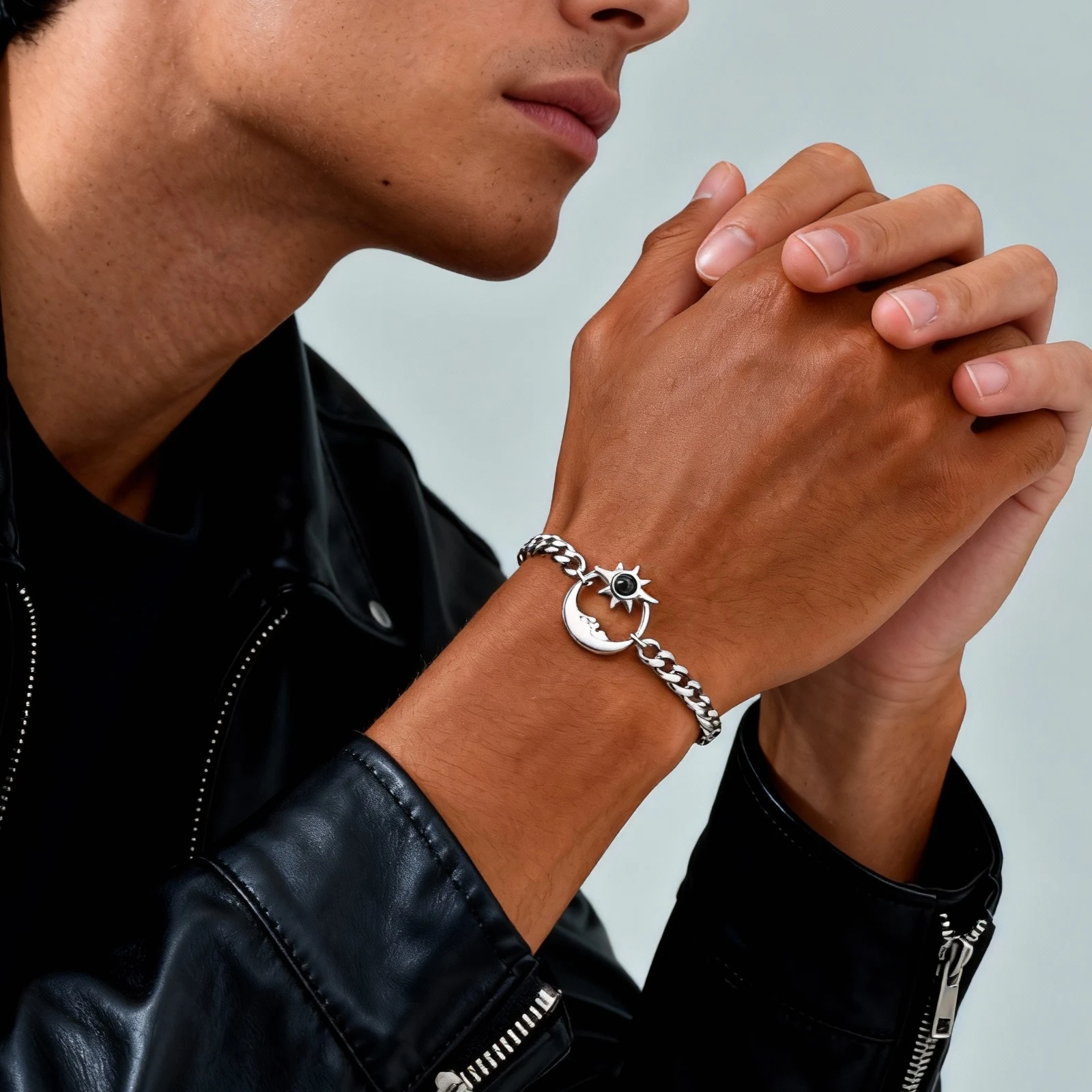 Trendiges klassisches Mond-Sonnen-Charm-Armband für Männer und Jungen, verstellbares Edelstahl-Kettenarmband, Modeschmuck, Geschenke, Party – Detail 3