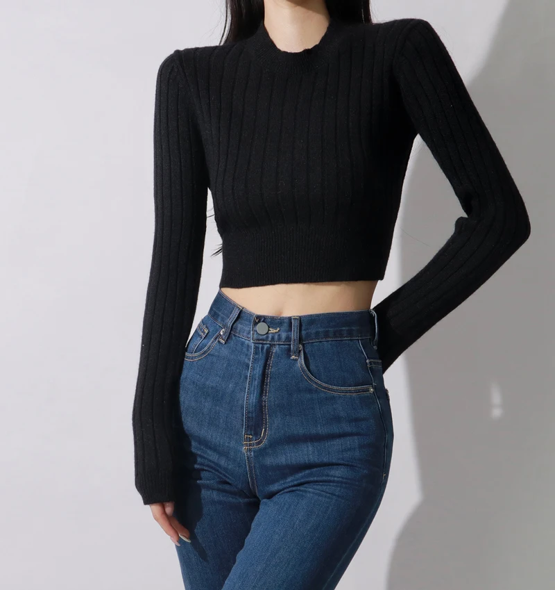 Women White Basic Style Crop Thick Knit Cropped Jumper