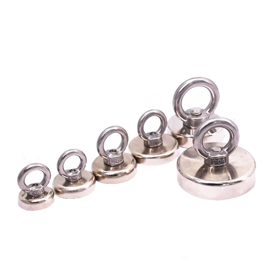 N42 Strong Neodymium Salvage Magnet Fishing Magnets With Stainless Steel Ring Eyebolt Magnetic Hook Holder Dia 16mm-60mm