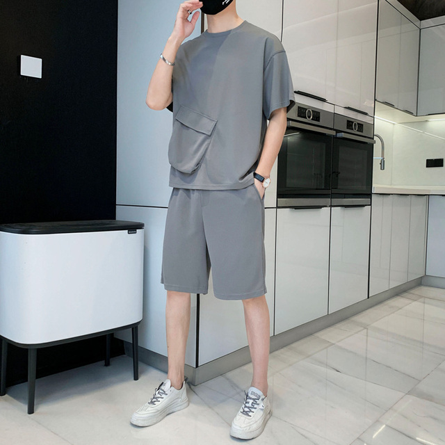 New Solid Ice Silk Men's T-shirt + Shorts Set Daily Simple Casual Tshirt Tracksuits Sports Running Sets Male Sport Suit