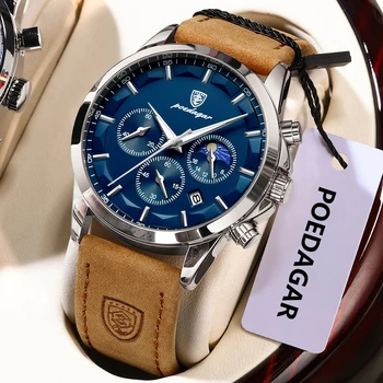 POEDAGAR Luxury Men Wristwatch Waterproof Chronograph Luminous Date Man Clock Leather Sports Military Quartz Men's Watches Reloj 1
