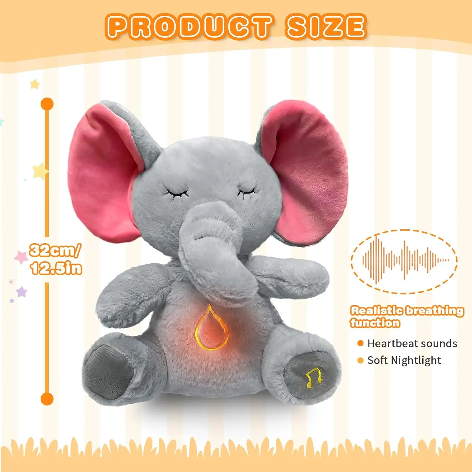 Baby Elephant Breathing Stuffed Animal Plush Doll Toy Sleeping Companion Music and Light Doll Sensory Stuffed Toy Kids