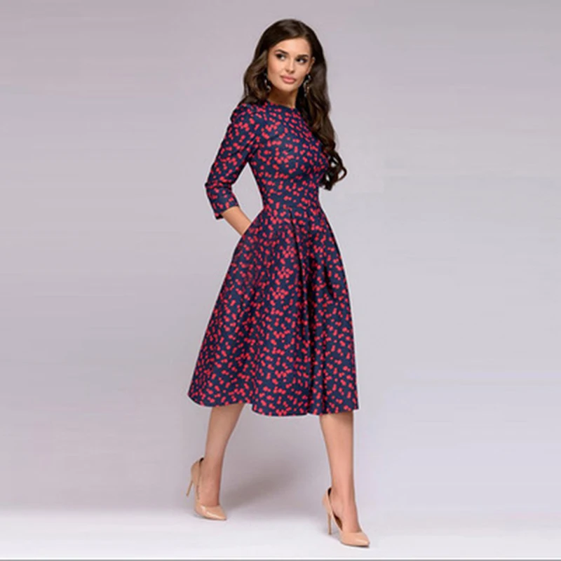 

Elegant Dot Print Vintage Vestiodos Retro Three Quarter Sleeve New Autumn Spring Dress Red Women A-line Date Party Dress