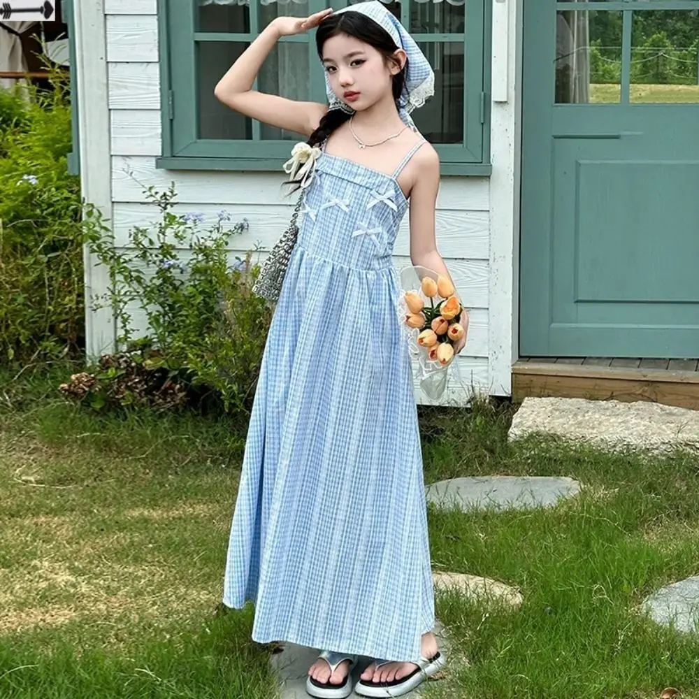 Elegant Loose Girls Princess Grid Dress Party Teenagers Summer Kids Dresses Beach Vacation Sweet Children Sling Dress Summer