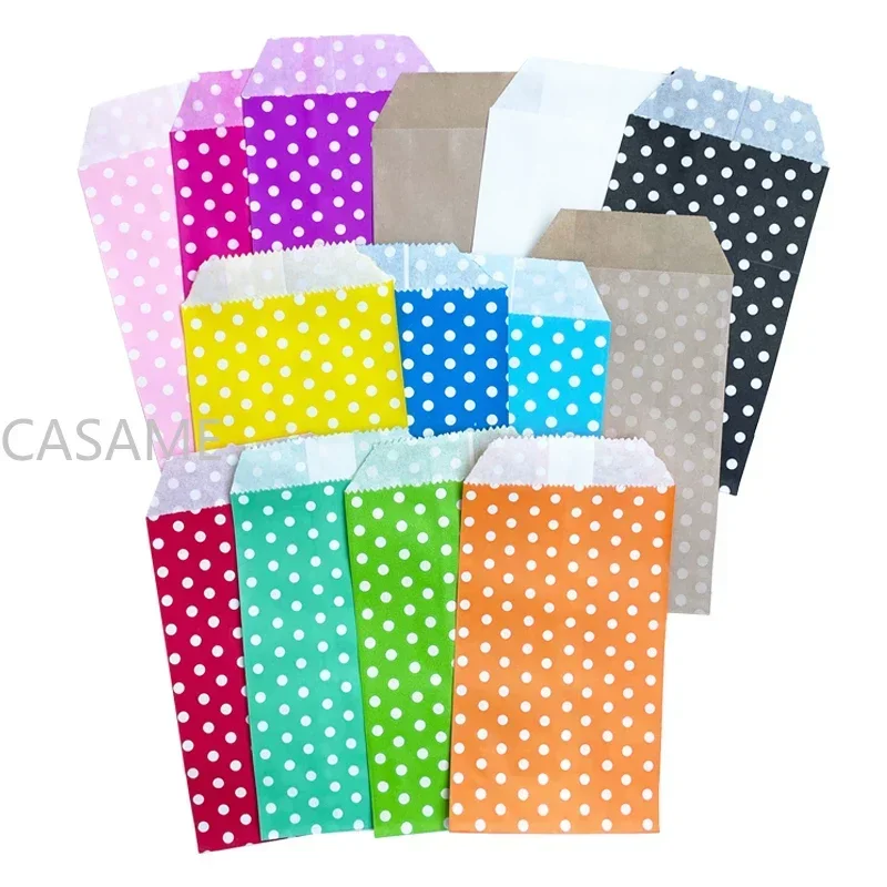 8 x 15 cm, 50 Stück Kraftpapiertüten mit weißem Polka Dot-Muster – perfekt für Hochzeiten, Partys und Kleinunternehmensbedarf