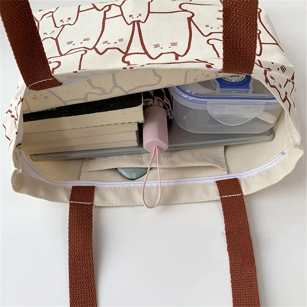 Cute Cat Print Picnic Bag Large Capacity Canvas Simple Shoulder Tote Bags Women Zipper Handbag Camping Accessories