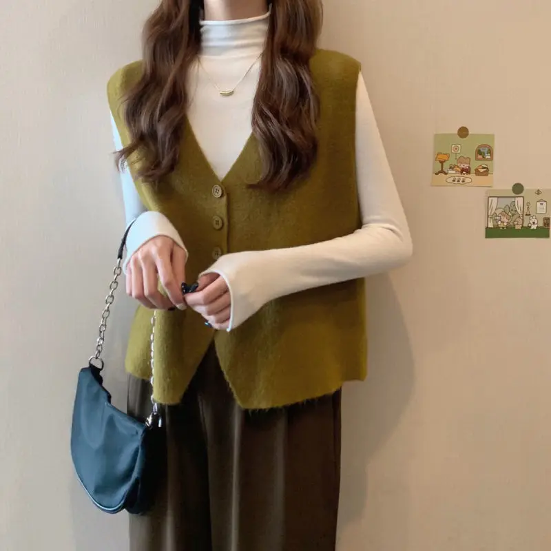 여성용 가디건 조끼, 2023 작은 향기로운 스웨터, 니트 조끼, 민소매 겹침 작은 커프 스웨터, 가을 및 겨울