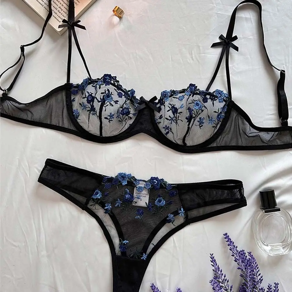 

Ultra Thin Floral Embroidery Lingerie Set Breathable Sexy Mesh Bra Unlined Bra Romantic Transperant Mesh Thong Women