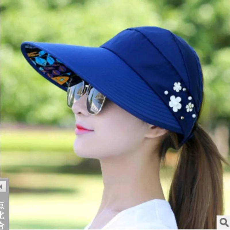 

Fashion Wide Brim Visor Caps Summer Anti-uv Flower Empty Top Sun Hats for Women Ladies Fashion Sun Protection Pearl Beach Hat