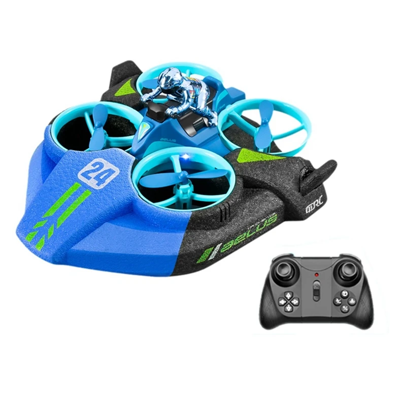 L'Hélicoptère RC Mini Drone 3 en 1 Hovercraft Déformable - Bleu en mode hovercraft, glissant sur une surface lisse.