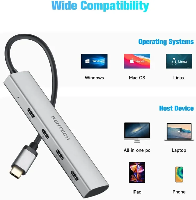 RSHTECH USB C Hub USB 3.1/3.2 Gen2 Hub 10Gbps 4-Port USB C Splitter Portable Aluminum USB Type C to USB C Adapter for MacBook 4