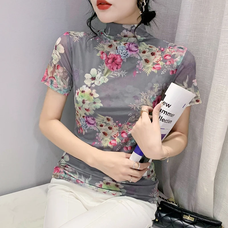 

Women's Clothing Korean Streetwear Y2k Clothes Women Short Sleeve Ladies Tees Elastic Slim Top High Collar Retro Spring/Summer