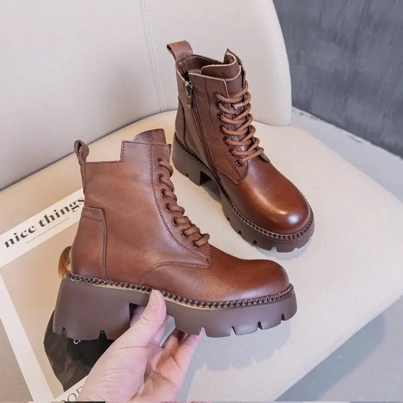 Genuine Leather Shoes Women Boots Zip Round Toe Flat With Handmade Concise Leisure Sewing Platform Boots Fashion Spring and Fall