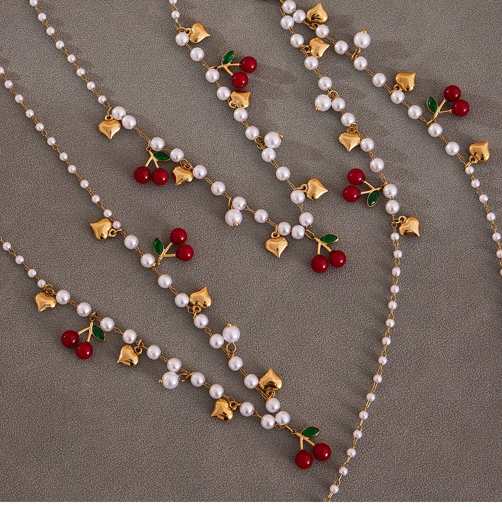 Rote Harz Kirsche Anhänger Halskette Halsband für Frauen 316 Edelstahl Imitation Perle Kette Herz Armband Luxus Schmuck Set – Detail 12