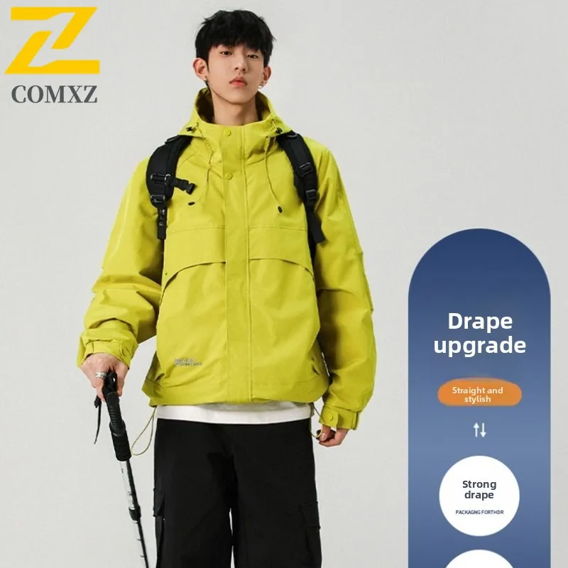 Men's Spring Autumn Workwear Jacket Windproof Waterproof Korean Style Hooded Parka Multi-Pockets Breathable Outdoor Casual Wear
