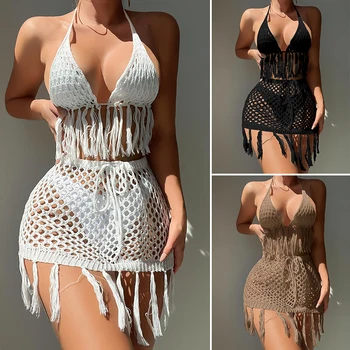 Two-piece Crochet Teens Women Sexy Bikini Cover Up Set Binding Rope Tassel Swimsuit Summer Holiday Knitting Beach Wear 1