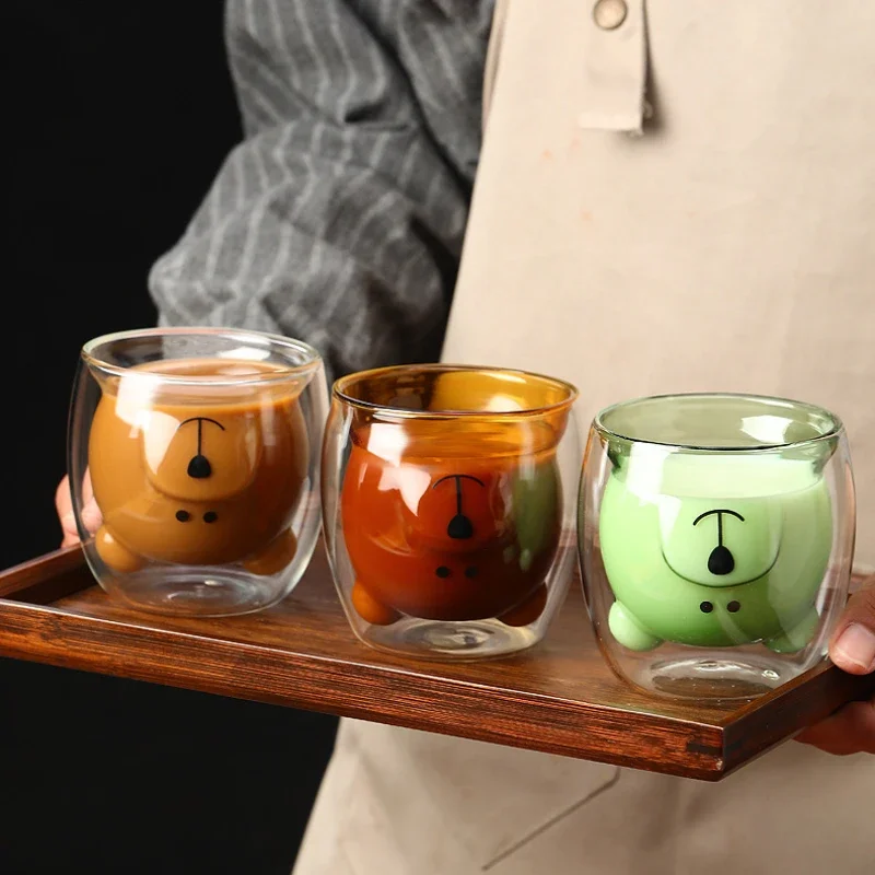 250ml High Borosilicate Creative Glass Cup Little Bear Cup Women'S Summer Cat Claw Cup Double Layer Creative Drinking Cup