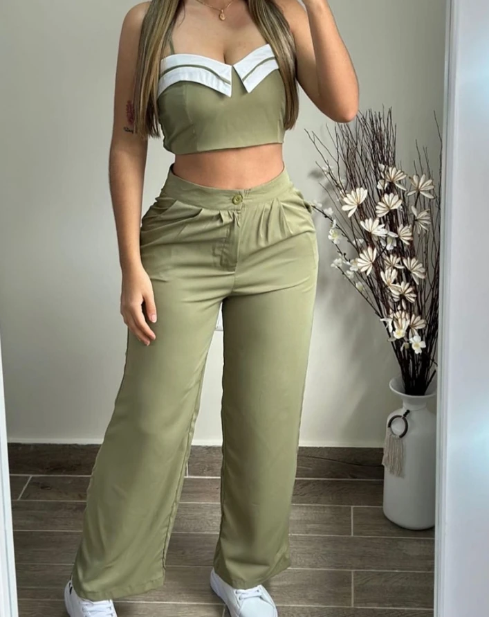 Two Piece Set Women Outfit 2024 Summer Spaghetti Strap Crop Cami Top & Casual Ruched Pocket Design Straight Leg Pants Set fashion gothic skull print jumpsuits women spaghetti strap trouser sexy pocket design overalls plus size 4xl