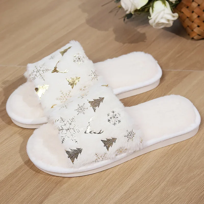 Womens Christmas Fluffy Fur Slippers Soft Sole Plus Size Non Slip Plush Slides Woman Winter Comfort Indoor Home Slippers Shoes 5