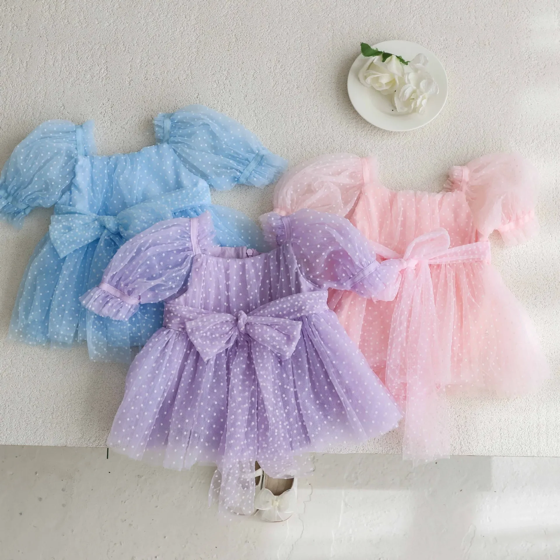 Sweet Princess Dress For Girls Baby Cotton Puff Sleeve Dress Summer Mesh Waist Tressel Baby Shoes And Accessories