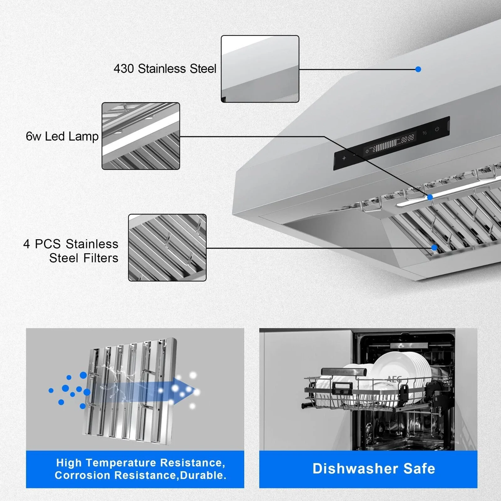 900CFM 30 inch 9-Speed Vent with Led Bulb Dishwasher Clean Filter Under Cabinet Range Hood 4