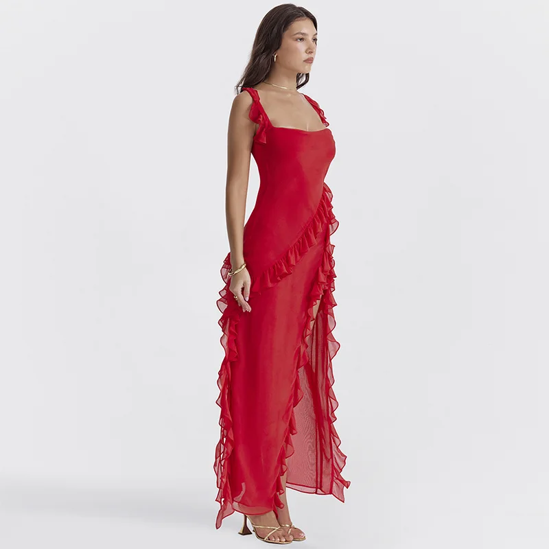 Side view of Traf Women 2025 red summer dress