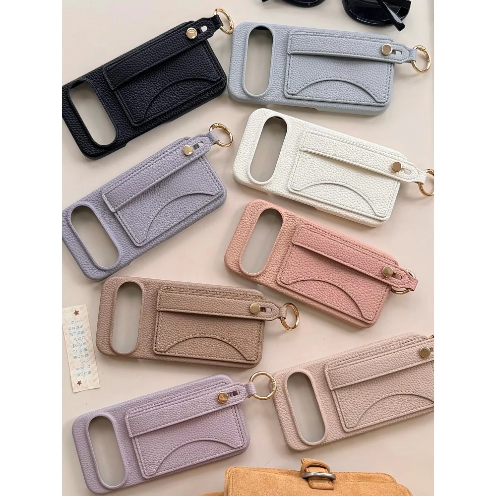 Luxury Matte Leather Wrist Strap Lanyard Wallet Phone Case