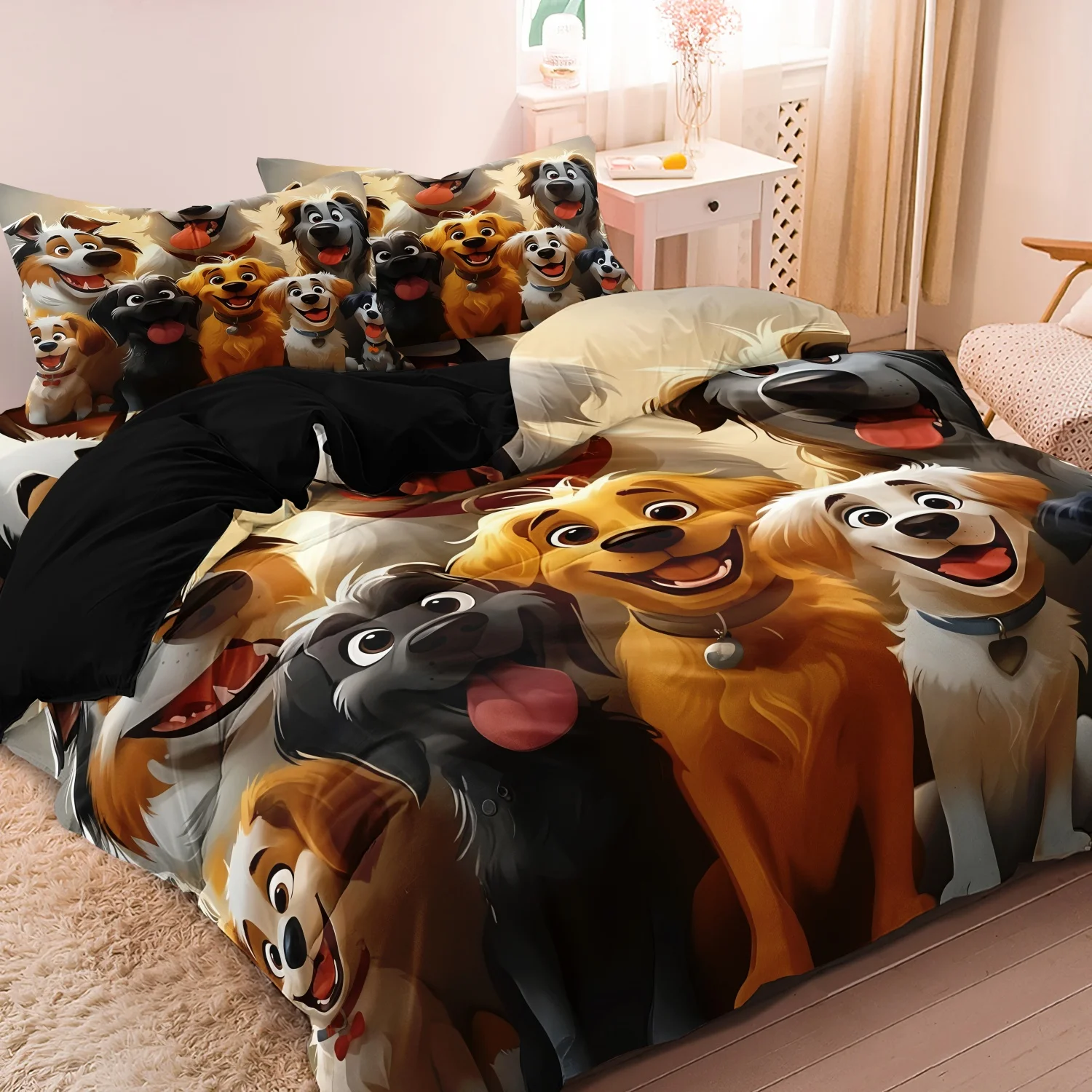 A 3-piece duvet cover set featuring a bright 3D cartoon print of a smiling group of dogs on a bed with a sizing chart nearby.