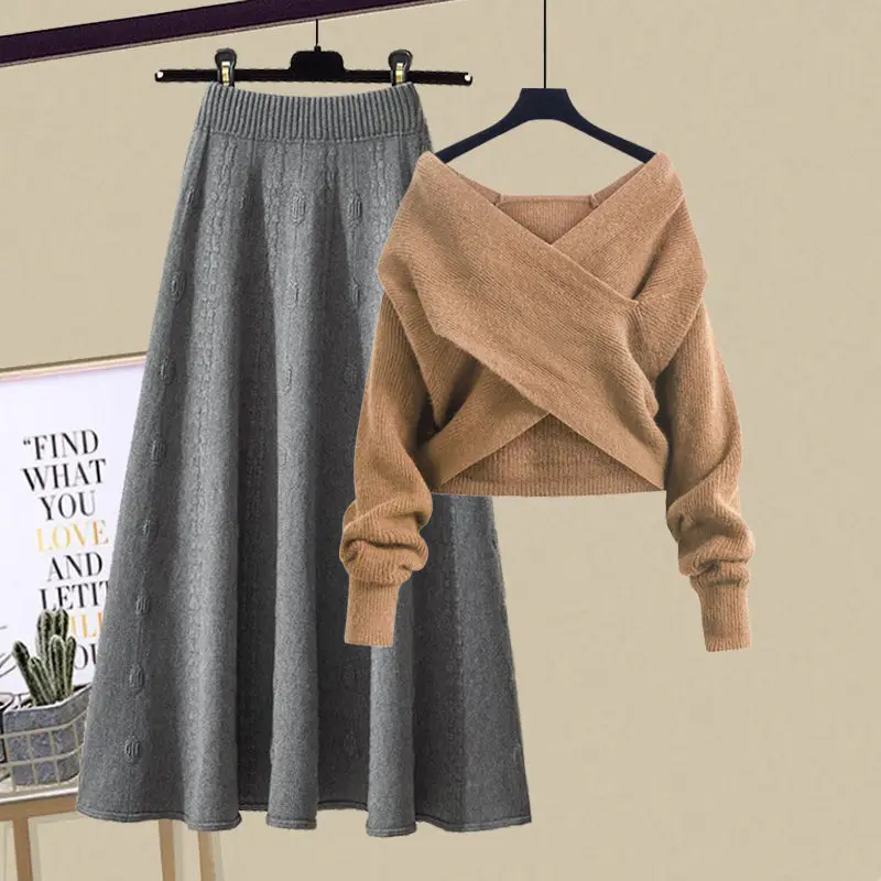 Autumn and Winter Women's Set 2024 New Lazy Knitted V-neck Sweater Slimming Half Skirt Two Piece Set Trendy 3