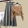 Autumn and Winter Women's Set 2024 New Lazy Knitted V-neck Sweater Slimming Half Skirt Two Piece Set Trendy 3