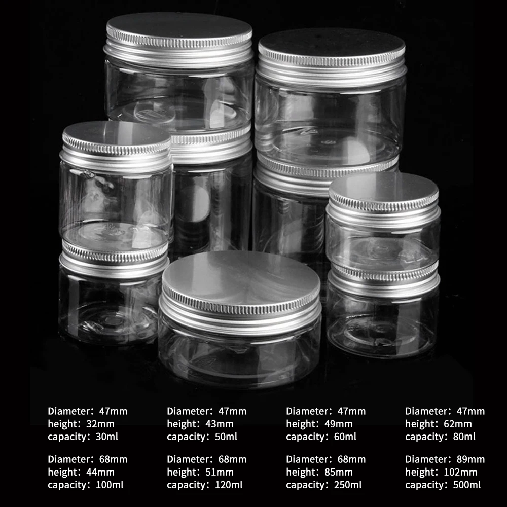 Clear Aluminum Lid Plastic Jar Empty Cosmetic Containers Makeup Box Travel Bottle 30ml 50ml 60ml 80ml 100ml 120ml 250ml 500ml
