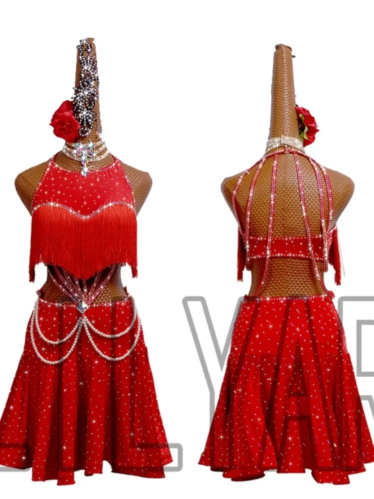 

New Latin Dance Competition Suit Belt Denim Chacha Children's Adult Performance Suit Red Tassel Pearl Waist Exposed