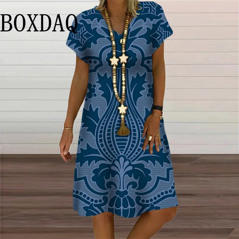 

Summer Pullover Short Sleeve Ladies Dress Casual V-Neck Loose Plus Size Women Dress Sundress New Retro 3D Printed Midi Dress 6XL