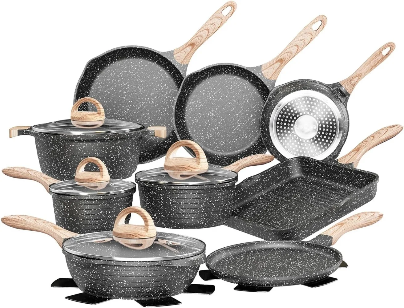 

JEETEE Pots and Pans Set Nonstick 23pcs, Healthy Kitchen Cookware Sets, Induction Cooking Set W/Gray Granite Stone Frying Pans